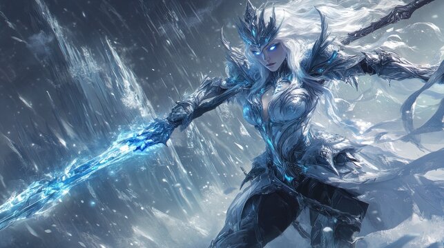 A powerful ice warrior wielding a glowing sword in a snowy landscape.