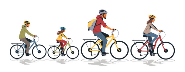 Family cycling outdoor activity healthy lifestyle. Illustration depicts a family of four riding bicycles with helmets on a white background. Perfect for website design or banner