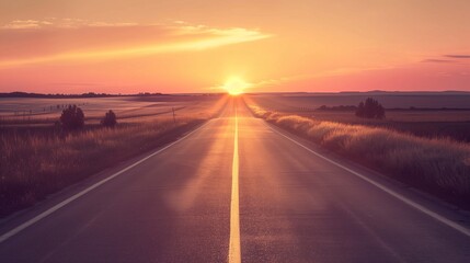 An empty road stretching into the horizon at sunset.