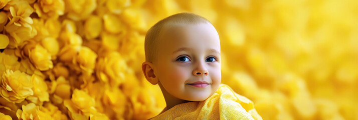 A short-haired child in a yellow scarf against the background of yellow flowers. Childhood Cancer Day. Horizontal banner. Free space for text. Treatment of sick children concept