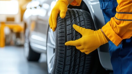 A mechanic inspects a car tire while wearing bright gloves in a workshop setting, emphasizing vehicle maintenance and safety.