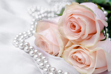 The branch of pink rose on white fabric background

