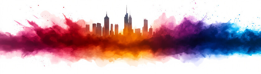 A colorful cityscape with a city skyline in the background. The colors are vibrant and the city appears to be bustling with activity