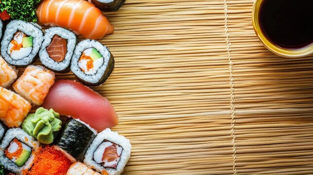 Sushi platter banner with colorful rolls, nigiri, and space for custom text