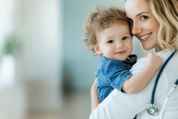 Fototapeta premium Smiling doctor holding a happy child