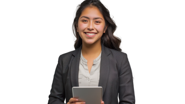 Young Hispanic woman holding digital tablet in modern business attire on white background