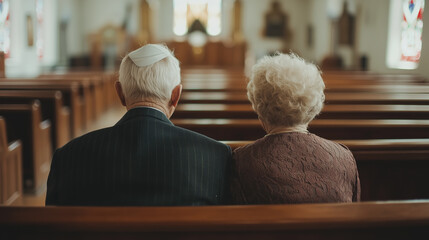 Elderly couple sitting in quiet reflection in synagogue, embracing peace and togetherness