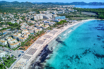 Scenic Aerial Picture of Sa Coma Beach and Town , Mallorca, Baelaric Islands, Spain