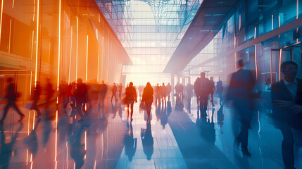 Obraz premium Long exposure shot of crowd of business people walking in bright office lobby fast moving with blurry,