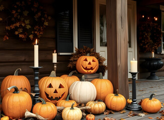 Obraz premium Background with Halloween pumpkins, lit candles and autumn leaves on the porch of a wooden cottage.