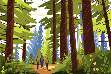 Family hiking in forest scenic nature landscape tall trees lush greenery colorful foliage outdoor adventure
