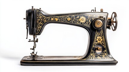 An antique vintage sewing machine isolated against a white background.