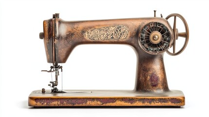 An antique vintage sewing machine isolated against a white background.