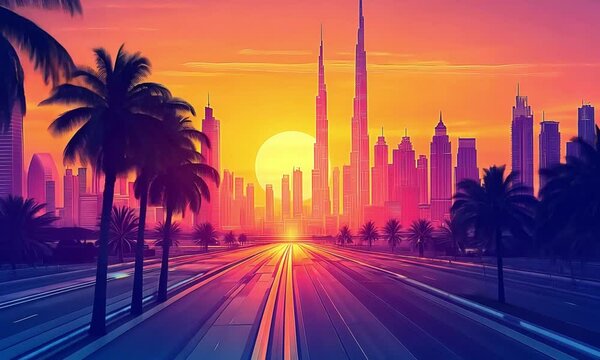 animate 4k footage video illustration sunset in dubay city , united arab emirates, suitable to use in united arab emirates landscape.