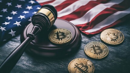 An illustration depicting the theme of Bitcoin crypto regulation and law, featuring a gavel placed alongside shiny Bitcoin coins on a table. 