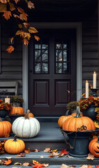 Obraz premium Background with Halloween pumpkins, lit candles and autumn leaves on the porch of a wooden cottage.