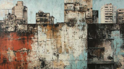 A weathered, multi-colored wall with a cityscape skyline in the background.