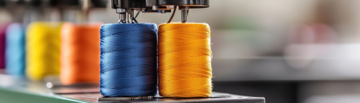 Colorful spools of thread on a sewing machine for textile production.
