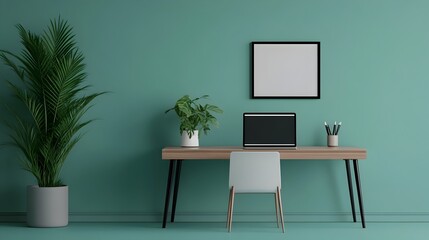 Fototapeta premium Minimalist Home Office with Laptop Tablet and Indoor Plants