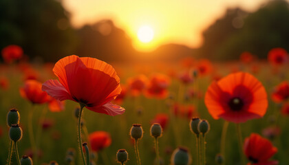 Fototapeta premium A field of red poppies with the sun setting in the background