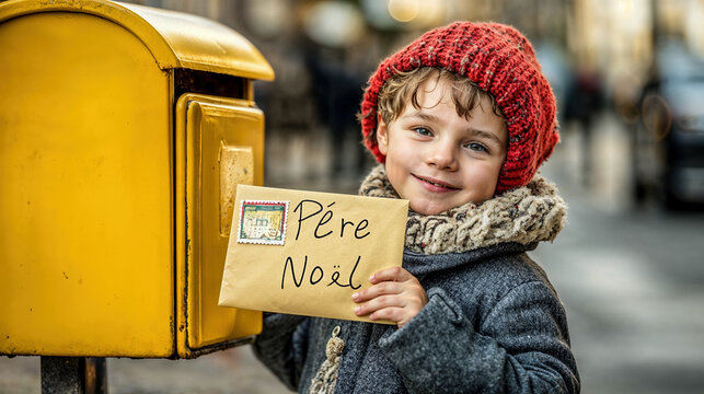 un enfant va poster sa lettre contenant sa liste de jouets pour le p&egrave;re No&euml;l
