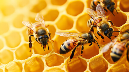 Honey Bees on Honeycomb. Close-up of honey bees working on a honeycomb, highlighting their busy activity.