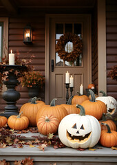 Obraz premium Background with Halloween pumpkins, lit candles and autumn leaves on the porch of a wooden cottage.