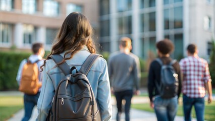 Back of College Student with Backpack Walking to University






