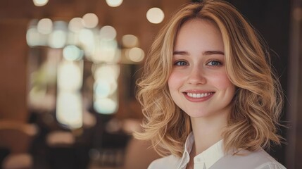 Obraz premium Smiling woman with wavy hair in a cozy, modern indoor setting.