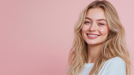 Fototapeta premium Smiling young woman with long hair, soft expressions, pink background.