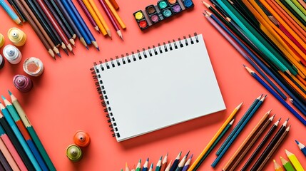 A creative workspace featuring art supplies, including colored pencils, paints, and a blank sketchbook for artistic expression.