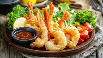 Golden-brown tempura shrimp and vegetable platter with a side of dipping sauce