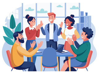 Multiethnic business team clapping in meeting room during motivational team building session modern flat design simple vector illustration isolated transparent background