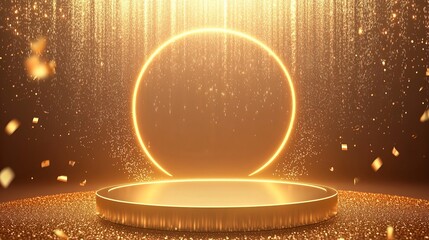 A vector illustration of a gold podium designed for product presentation, featuring an abstract empty platform that exudes elegance
