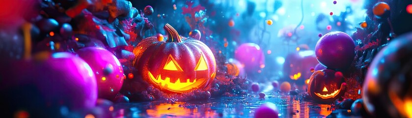 A vibrant Halloween scene featuring glowing pumpkins surrounded by colorful decorations and enchanting fog.