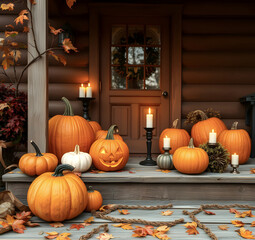 Obraz premium Background with Halloween pumpkins, lit candles and autumn leaves on the porch of a wooden cottage.