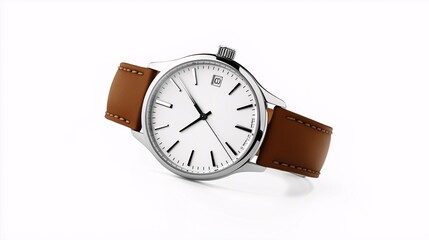 Elegant Silver Watch with Brown Leather Strap