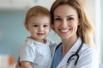 Smiling doctor holding a cheerful baby