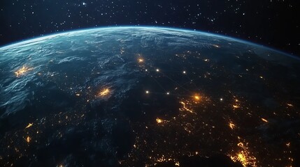 Obraz premium A view of Earth at night from space, illuminated by city lights and connected by bright lines representing communication and connectivity. 