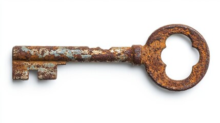 An old, rusty door key isolated against a white background.