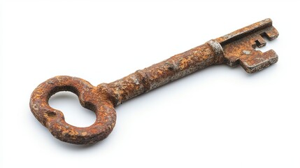 An old, rusty door key isolated against a white background.