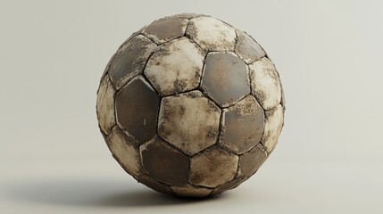 An old, used football (soccer ball) showcasing signs of wear and tear. 