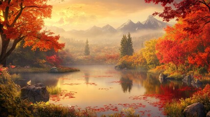 Fototapeta premium Vibrant autumn colors reflected in a tranquil pond with distant misty mountains