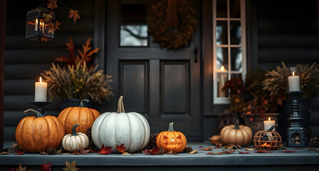 Obraz premium Background with Halloween pumpkins, lit candles and autumn leaves on the porch of a wooden cottage.