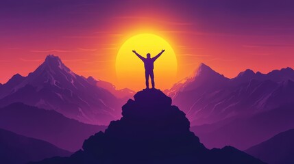 Silhouette of business male stand and feel happy on the most hight at the mountain on sunset, success, leader, teamwork, target, Aim, confident, achievement, goal, on plan, finish, generate by AI