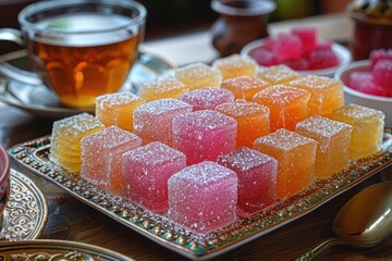 Turkey: Turkish Delight Cubes of colorful gelatinous sweets dusted with powdered sugar, arranged on an ornate plate with a cup of Turkish tea