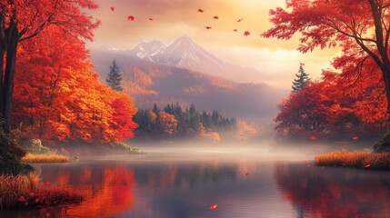 Misty mountain view with vibrant red and orange maple trees reflecting in pond