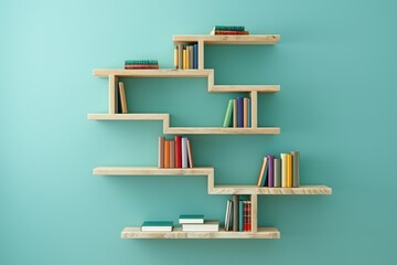 Unique wooden bookshelf design showcasing colorful books against a vibrant teal wall in a modern interior