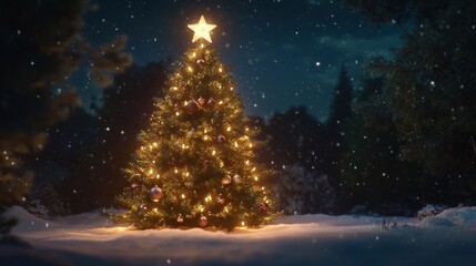 Fototapeta premium Charming Christmas tree with shiny ornaments and star topper in snowy landscape. Festive joy concept.