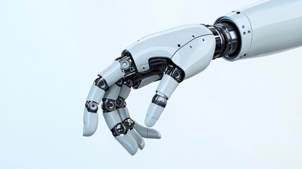 Futuristic robotic hand with intricate mechanical details, white isolate background.